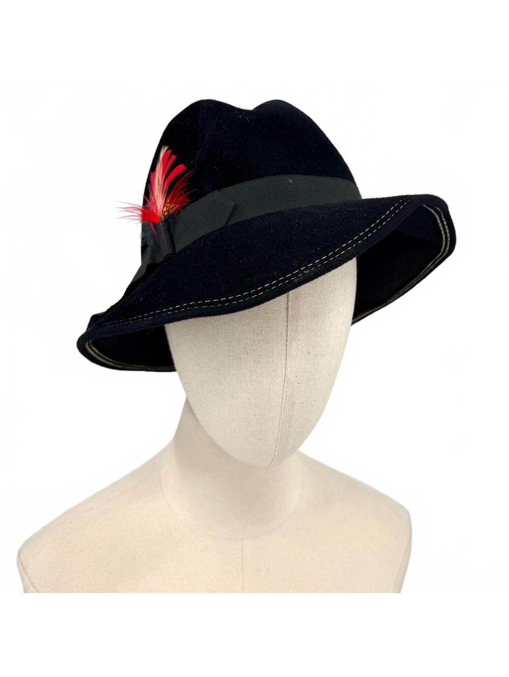 Vintage 70s Junior Seasons Black Feather Fedora Hat